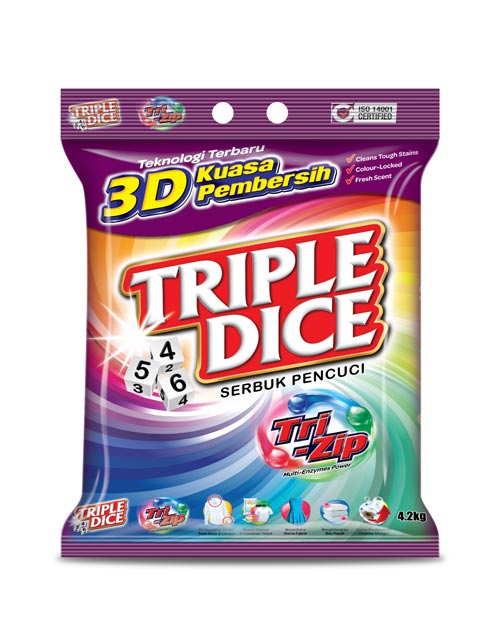 triple dice detergent powder product shot tri zip