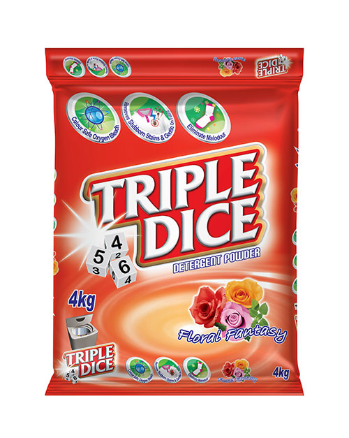 triple dice detergent powder product shot floral fantasy