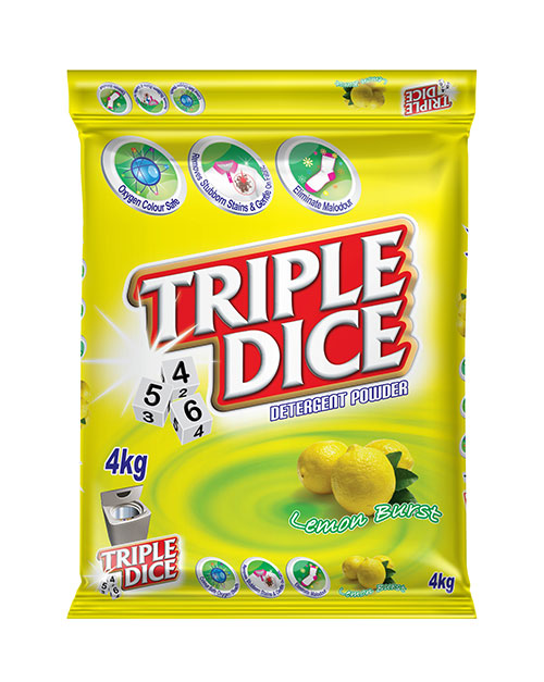 triple dice detergent powder product shot lemon burst